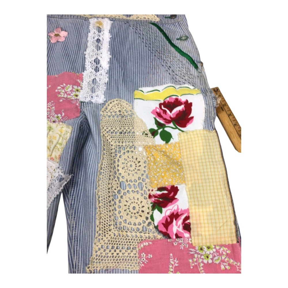 Upcycled Vintage Key Bib Railroad Striped Overalls Embroidered Crochet Parchwork - Picture 9 of 14